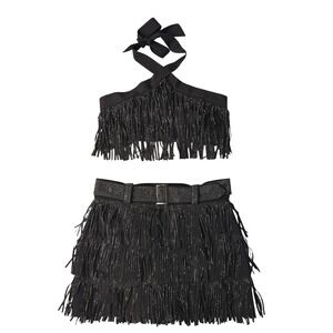 Nylon Apparel Black Rhinestone Fringe Halter Crop Top Mini Skirt Set Large